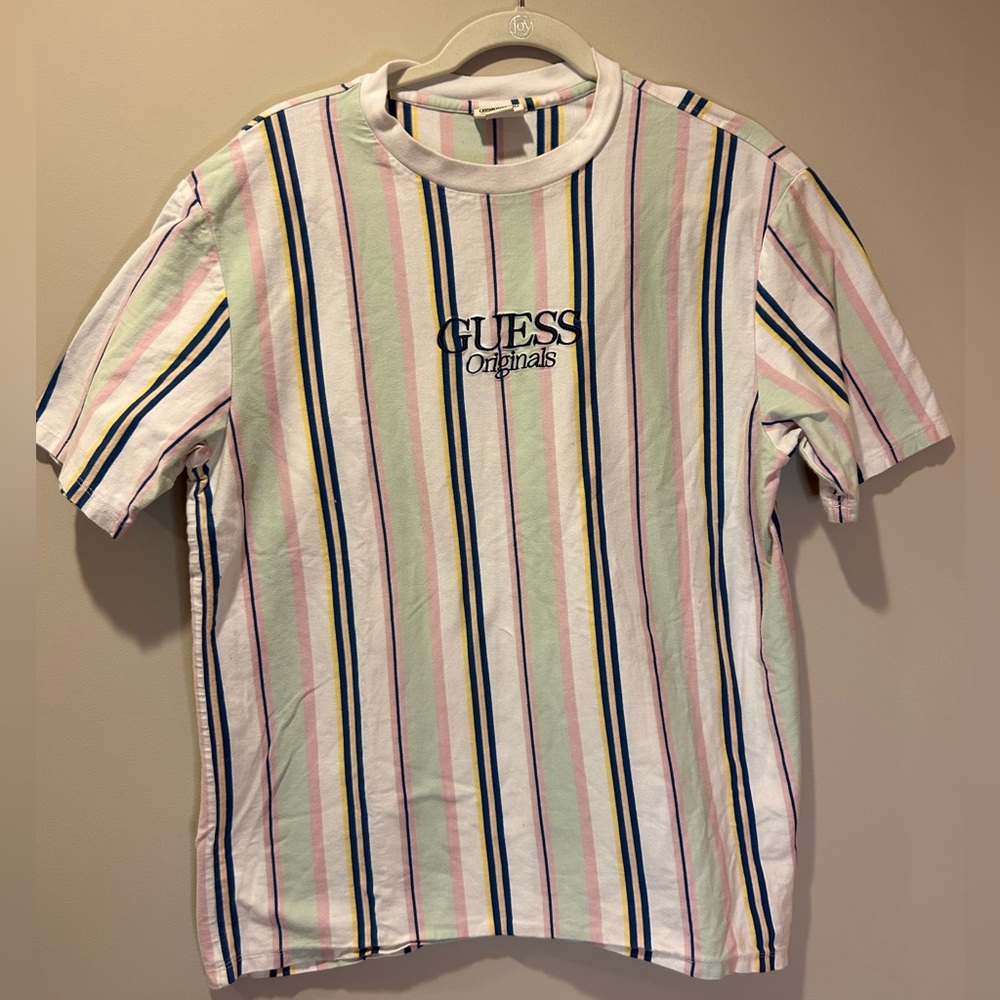 Vintage‎ Guess Striped Shirt Multicolor Pastel Embroidered Medium Unisex VTG 90s